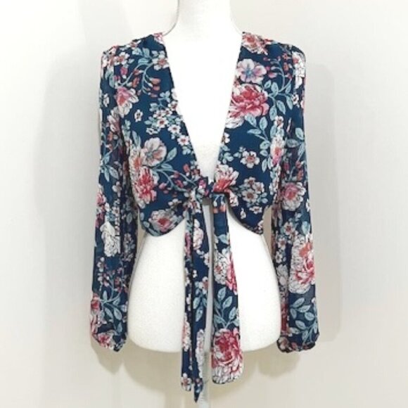 Forever 21 Woven Blue Floral Tie Crop Shrug Top Women's Size S NWT - Picture 1 of 4